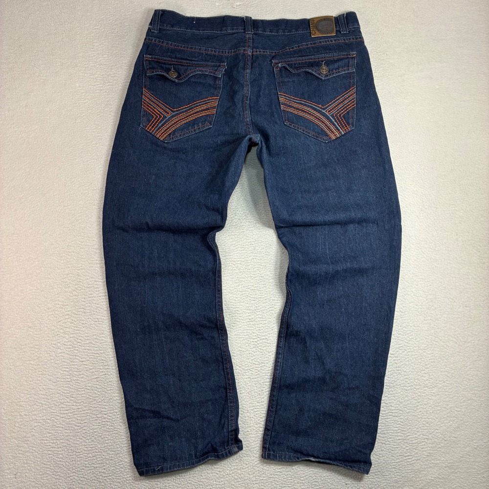 Y2K Baggy Embroidered Jeans Men 38x30 Blue Orange Chams Premium Denim
